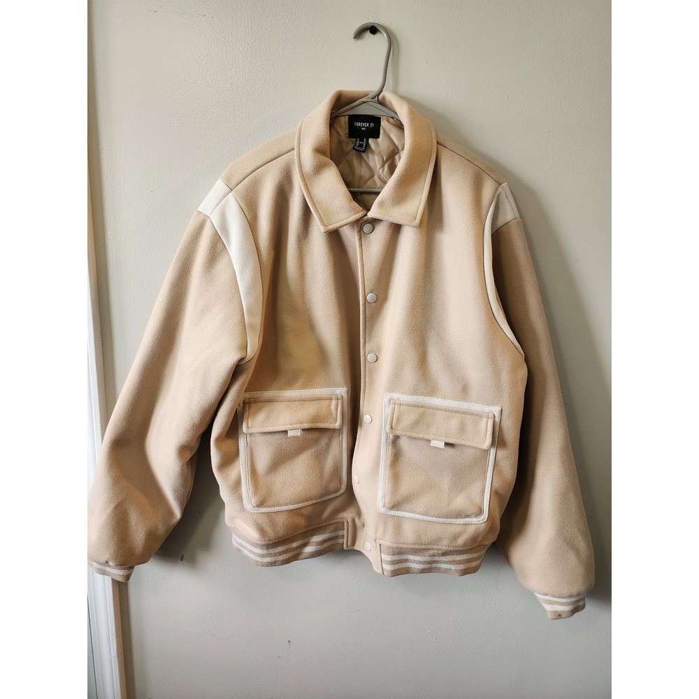 Forever 21 Men Tan Varsity Bomber Jacket Quilted Lined Snap Front XL